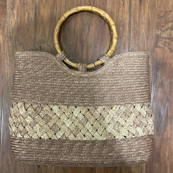 Handbags - Woven Straw Tote Bag with Bamboo Handles Perfect For Summer Vacation Beach